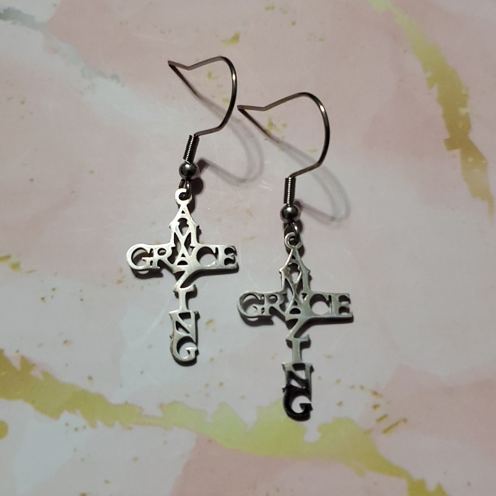 Stainless Steel "Amazing Grace" Cross Dangle Earrings – Faith-Inspired Design